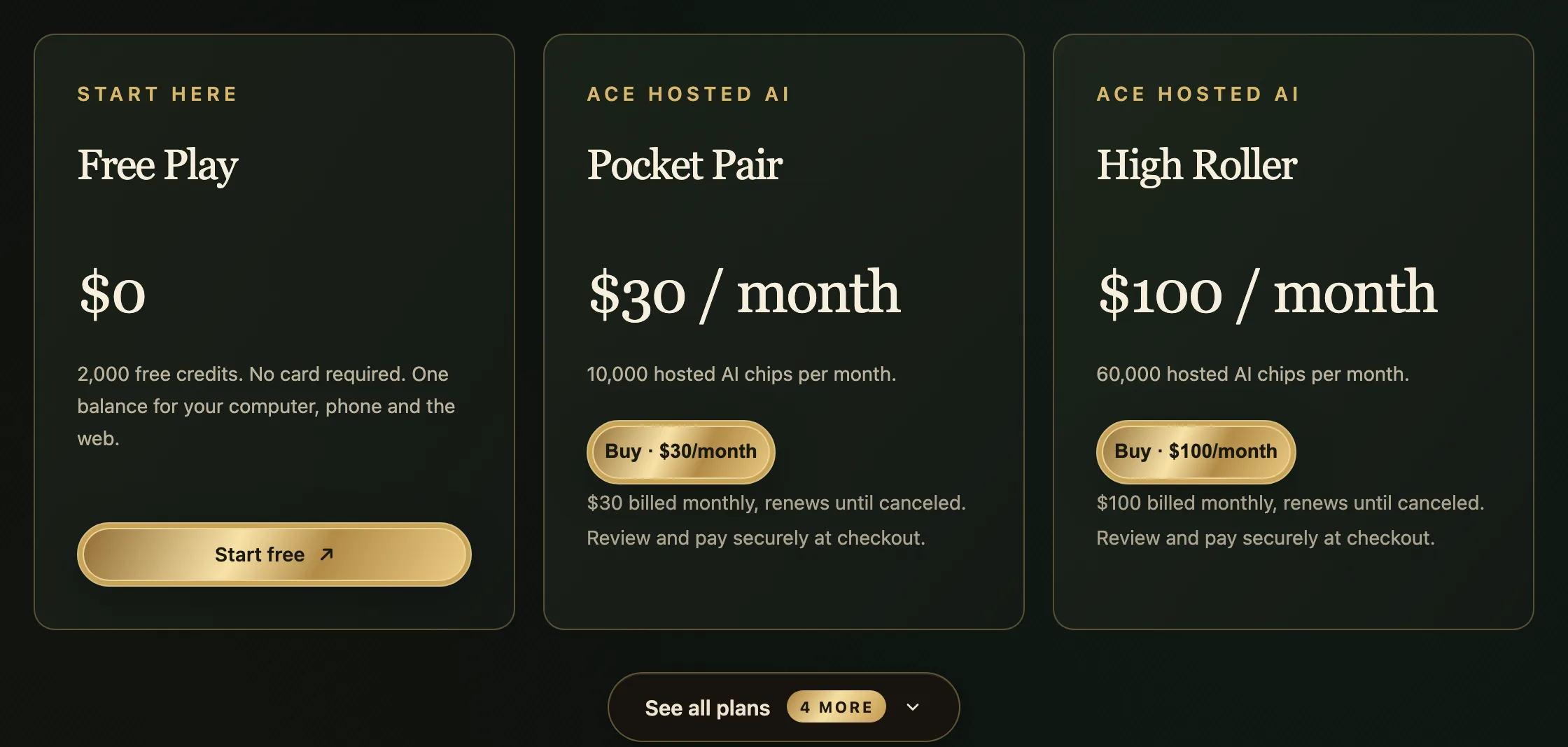Ace pricing seats: Free Play $0, Pocket Pair $30 a month, High Roller $100 a month.